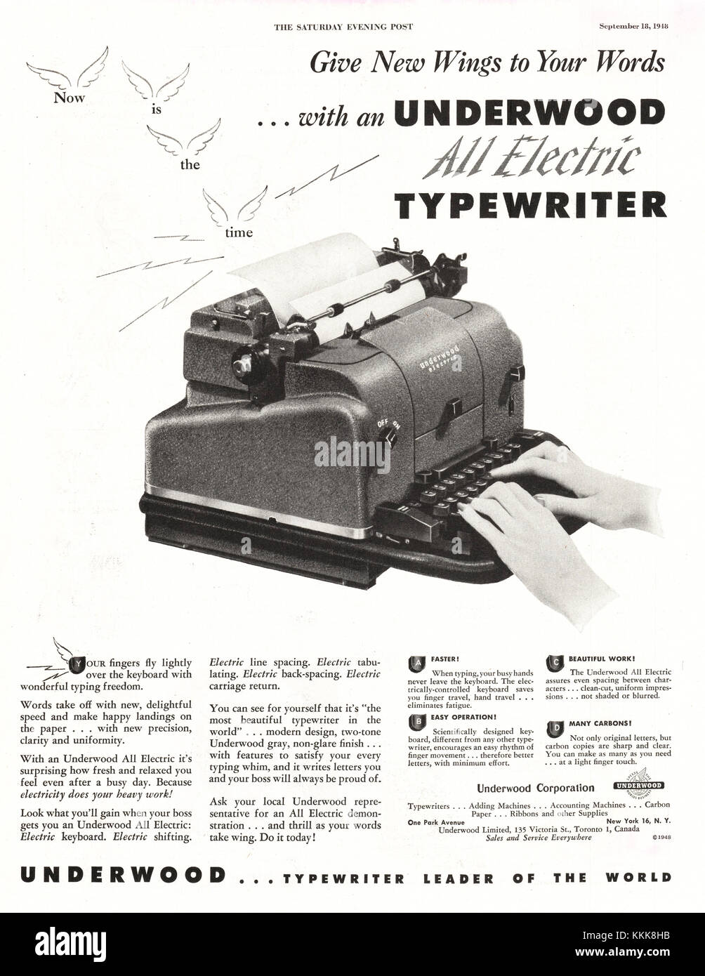 1948 US-Magazin Underwood Schreibmaschine Anzeige Stockfoto