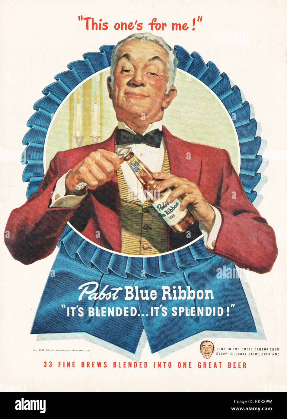 1948 US-Magazin Pabst Blue Ribbon Bier Werbung Stockfoto