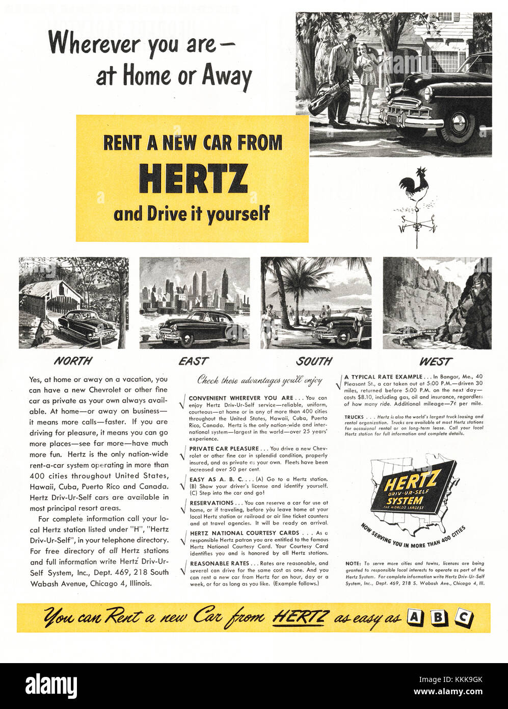 1949 US-Magazin Hurtz Autovermietung Advert Stockfoto