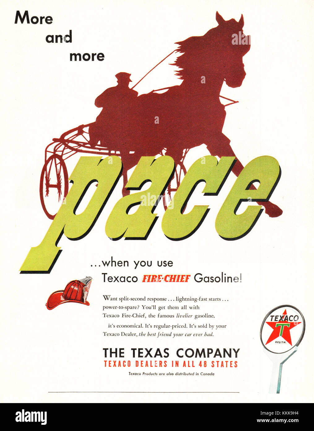 1949 US-Magazin Texaco Fire-Chief Benzin Anzeige Stockfoto