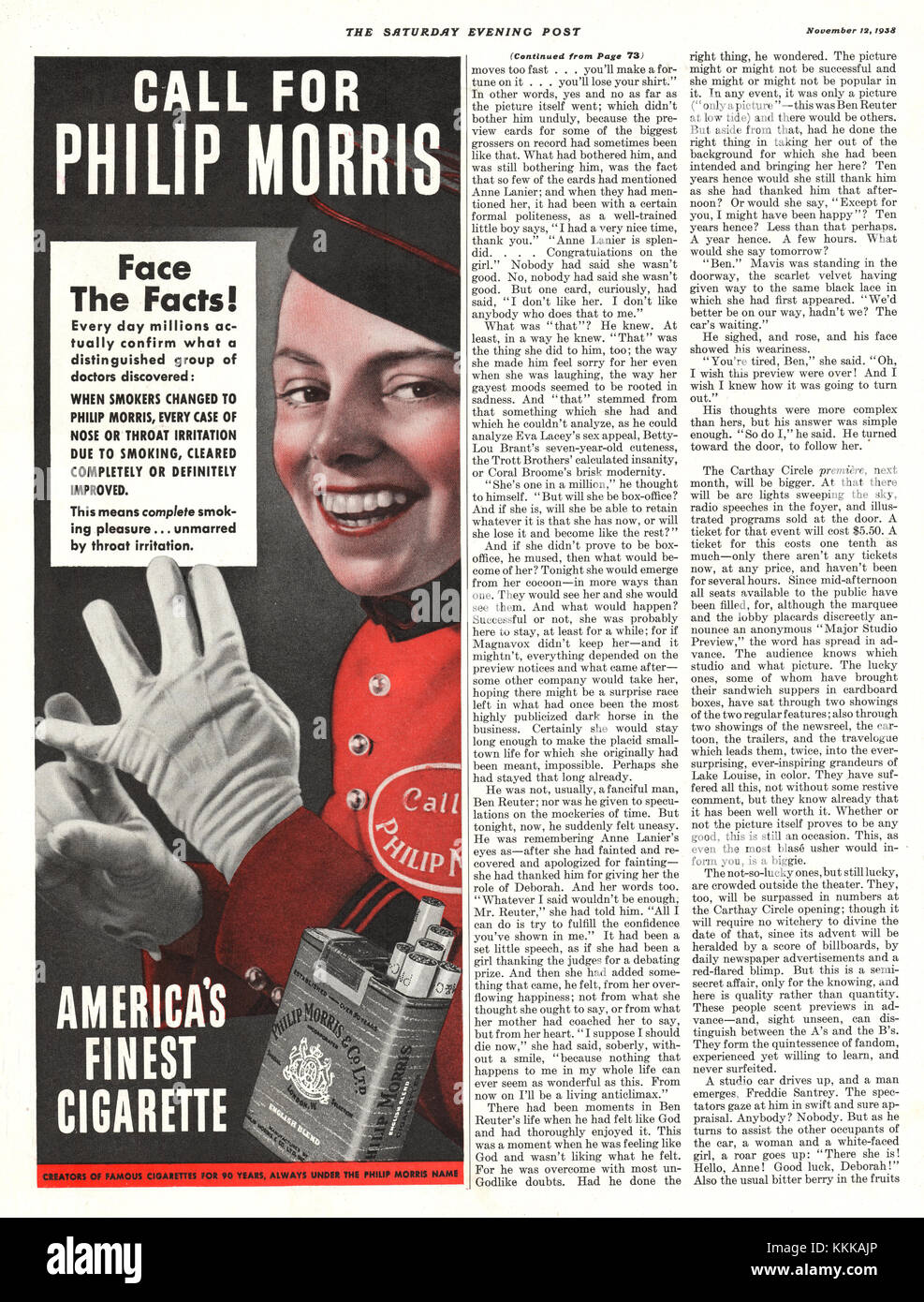 1938 US-Magazin Philip Morris Zigarette Anzeige Stockfoto