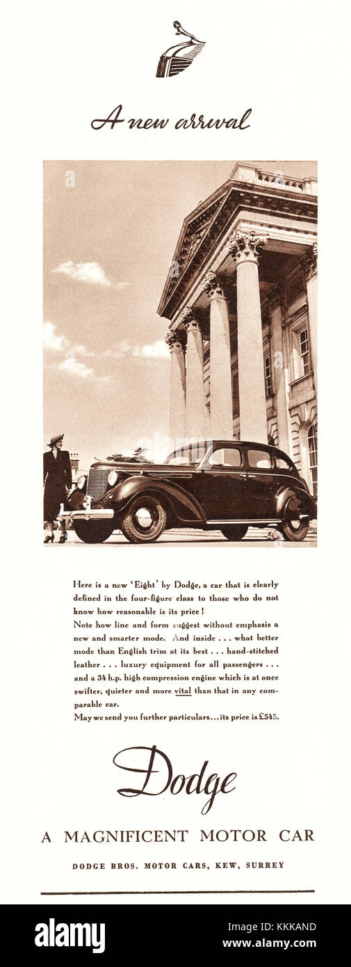 1938 UK Magazin Dodge Car Advert Stockfoto