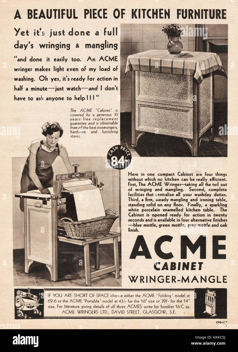 1937 UK Magazin ACME Fünfundfünfzig Wringer mangle -Anzeige Stockfoto