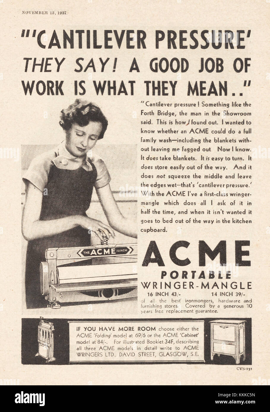 1937 UK Magazin ACME Fünfundfünfzig Wringer mangle -Anzeige Stockfoto