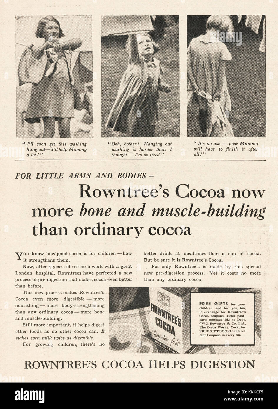 1935 Großbritannien, das die Zeitschrift Rowntree Kakao Advert Stockfoto