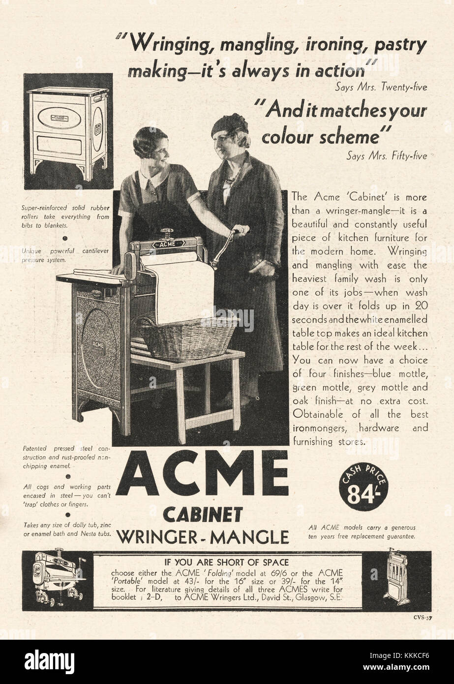 1935 UK Magazin ACME Fünfundfünfzig Wringer mangle -Anzeige Stockfoto