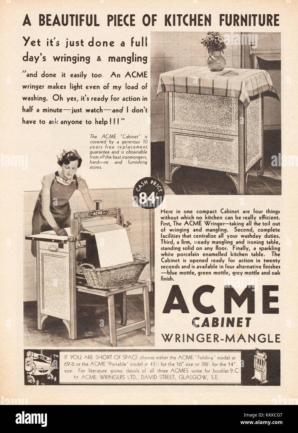 1936 UK Magazin ACME Fünfundfünfzig Wringer mangle -Anzeige Stockfoto