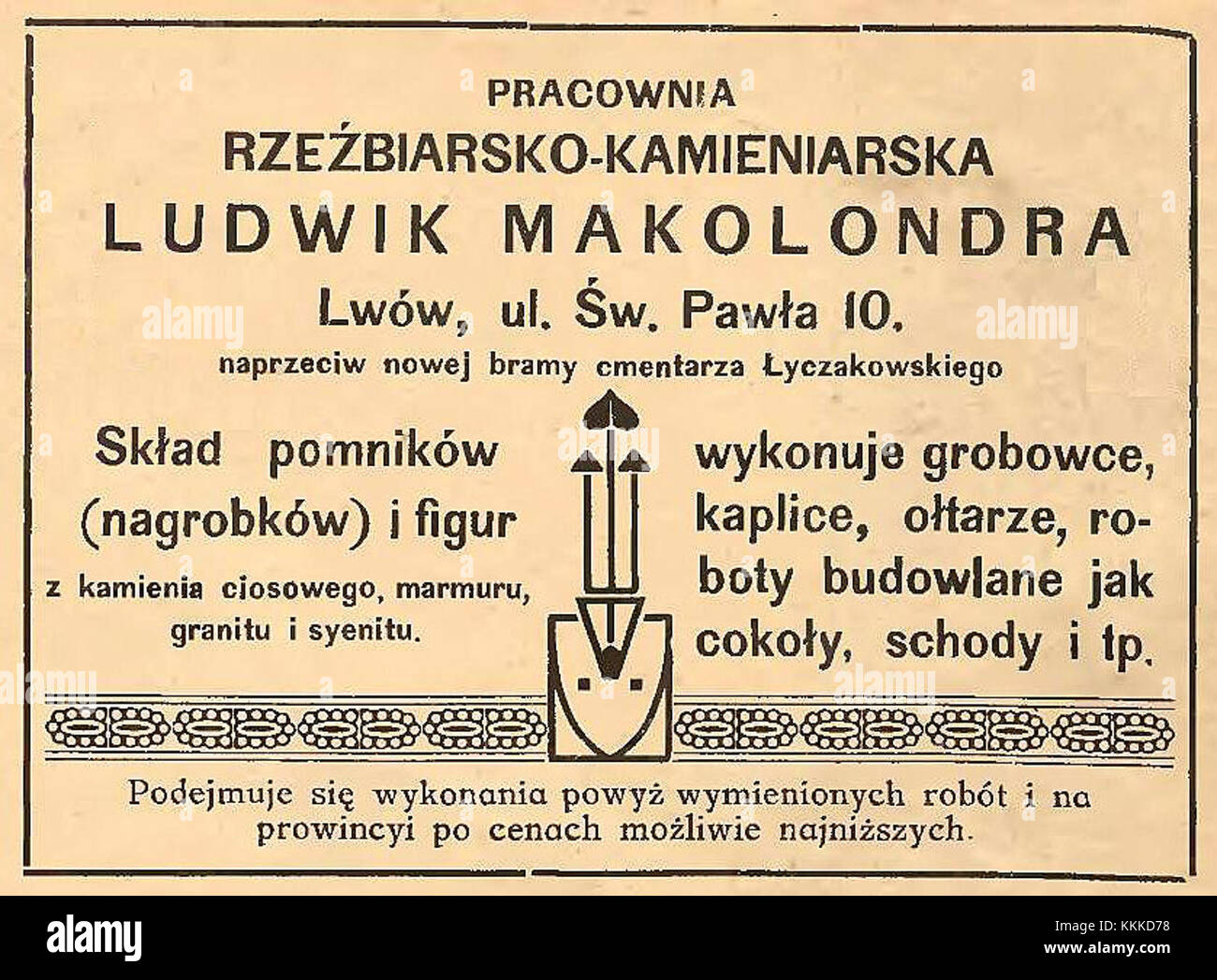 Diese Werbung von Ludwik Makolondra aus dem Jahr 1914 beleuchtet die Trends im Werbedesign des frühen 20. Jahrhunderts und spiegelt die Marketingstrategien und grafischen Gestaltungspraktiken dieser Zeit wider. Stockfoto