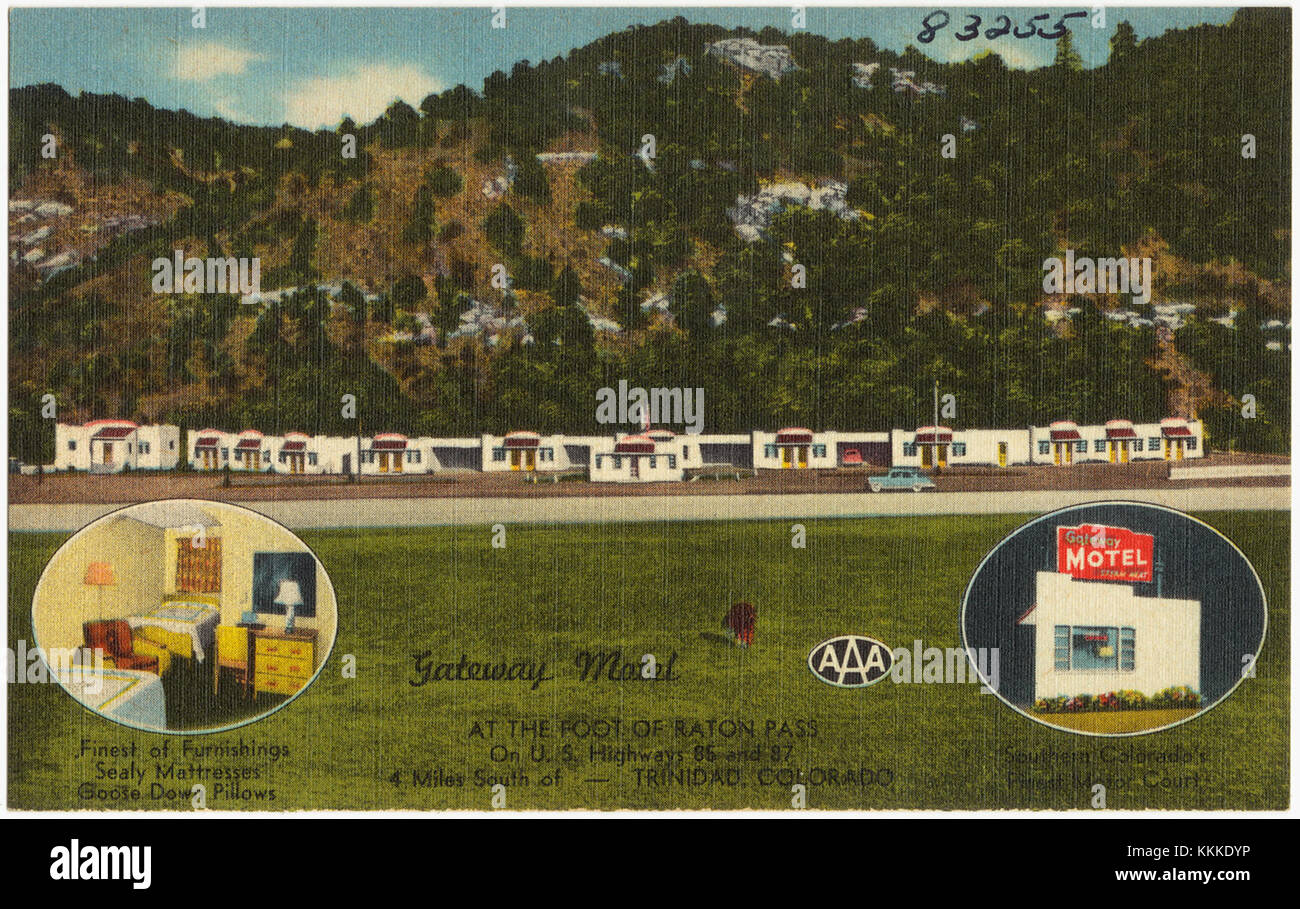 Foto des Gateway Motel am Fuße des Ration Pass an den U.S. Highways 86 und 87, etwa 6 km südlich von Trinidad, Colorado, zeigt seine Attraktivität und regionale Lage. Stockfoto