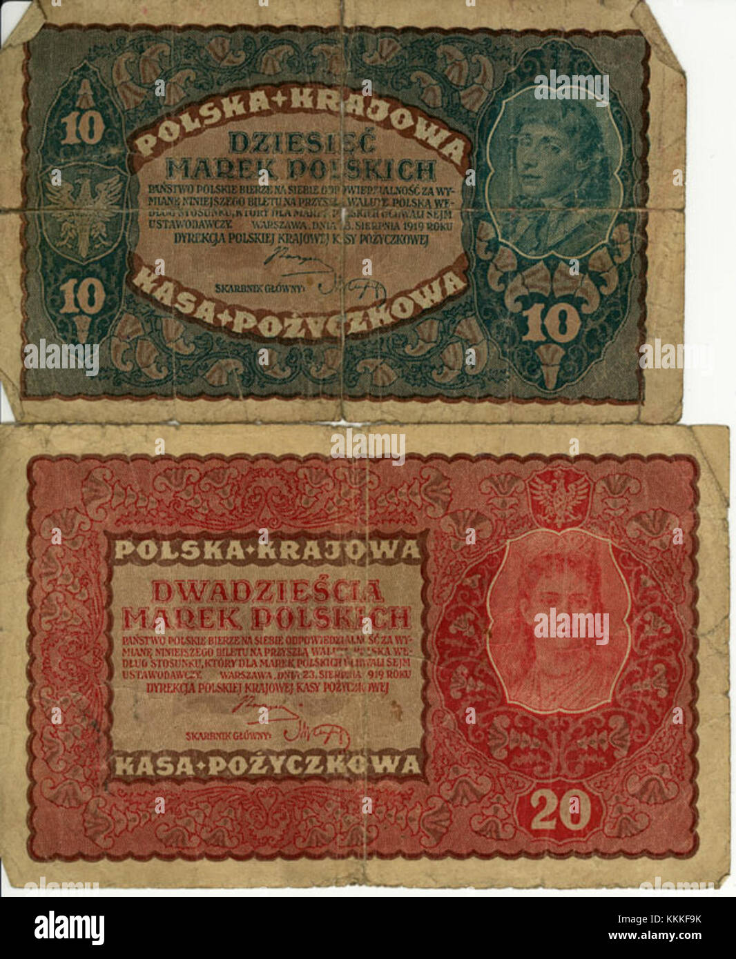Die 1919 polnischen Mark beziehen sich auf eine Form der Währung, die unmittelbar nach dem Ersten Weltkrieg in Polen ausgegeben wurde. Diese Marken wurden als vorübergehende Maßnahme vor der Einführung der polnischen złoty als nationale Währung verwendet. Stockfoto