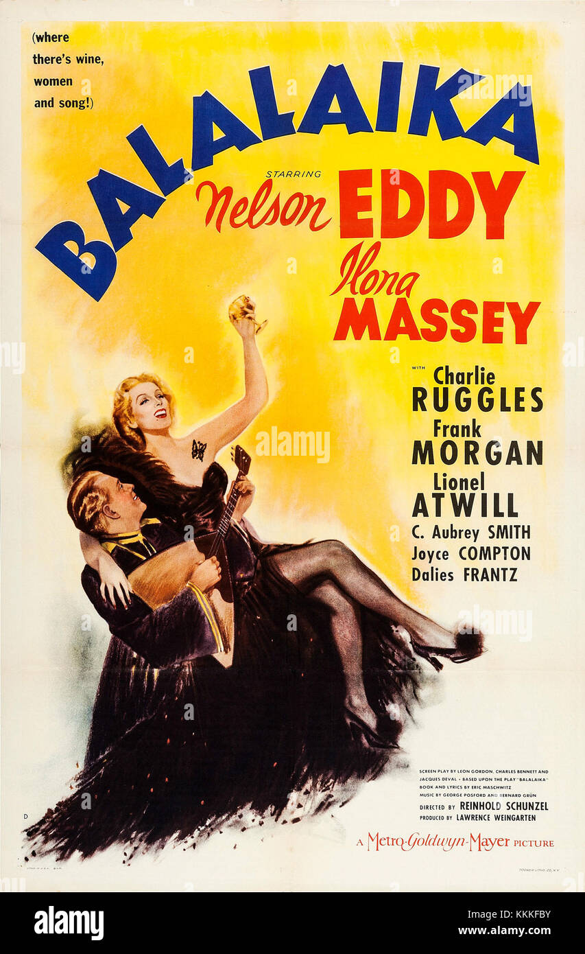 Dieses Vintage-Poster zeigt eine Balalaika, ein traditionelles russisches Streichinstrument. Das Poster hebt die kulturelle Bedeutung des Instruments für die russische Musik und das russische Erbe hervor. Stockfoto