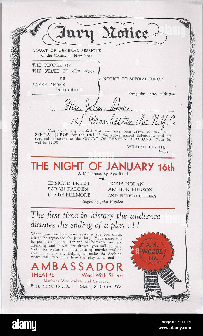 The Night of January 16th ist ein Stück von Ayn Rand, in dem eine Jury als zentrales Spielgerät dargestellt wird. Der Flyer wirbt für die dramatischen Gerichtsszenarien der playâ und seine philosophischen Themen rund um Gerechtigkeit, Individualismus und Moral. Das Stück lädt mit seinem einzigartigen Juryprobenformat zur Teilnahme des Publikums ein und bietet eine nachdenkliche Auseinandersetzung mit persönlicher Verantwortung. Stockfoto