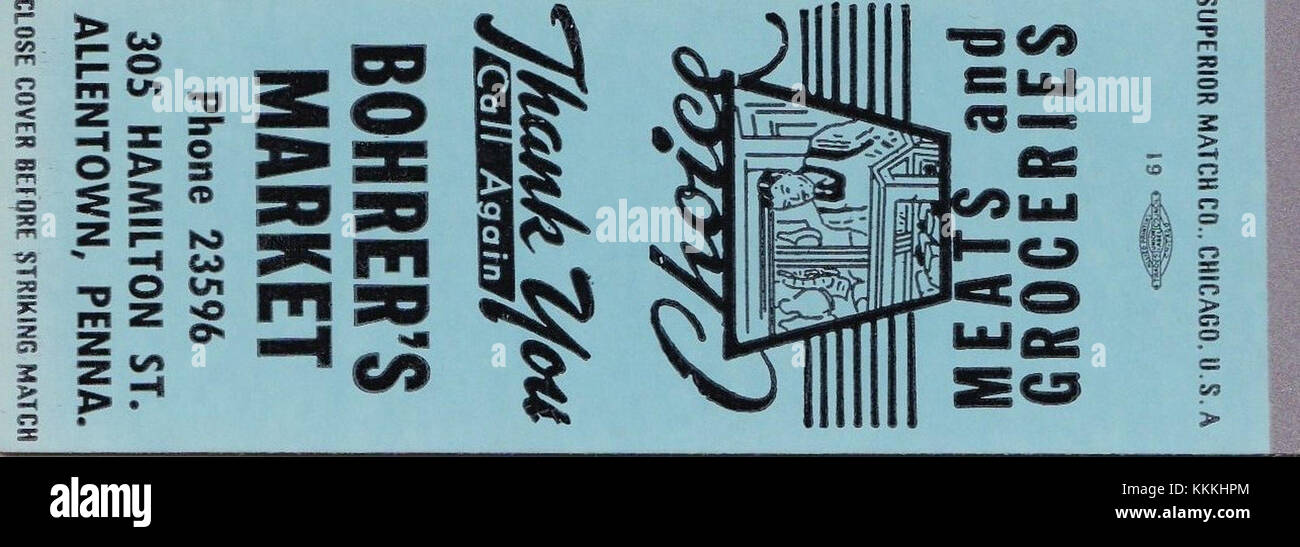 Dieses Matchcover von 1948 wirbt für Bohrers Markt in Allentown, Pennsylvania. Es ist ein historisches Beispiel für die amerikanische Werbung Mitte des 20. Jahrhunderts, in der das lokale Geschäft und seine Marketingmaterialien vorgestellt werden. Stockfoto