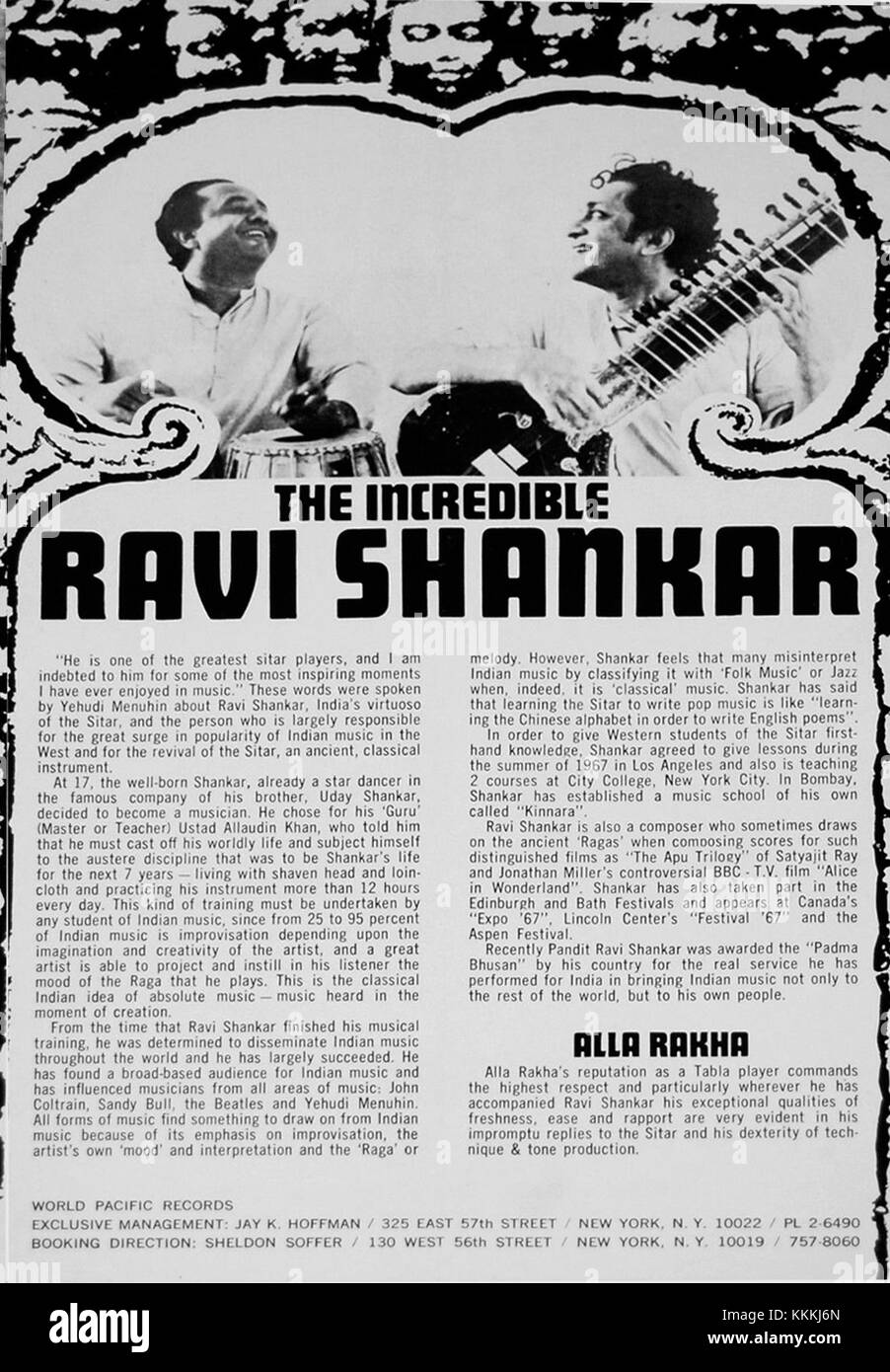 Ein Flieger mit einem Event mit Ravi Shankar, dem bekannten indischen Sitar-Virtuosen. Dieses Werbematerial lädt das Publikum wahrscheinlich zur Teilnahme an einer Vorstellung oder einem Konzert ein und unterstreicht seinen globalen Einfluss auf Musik und Kultur. Stockfoto