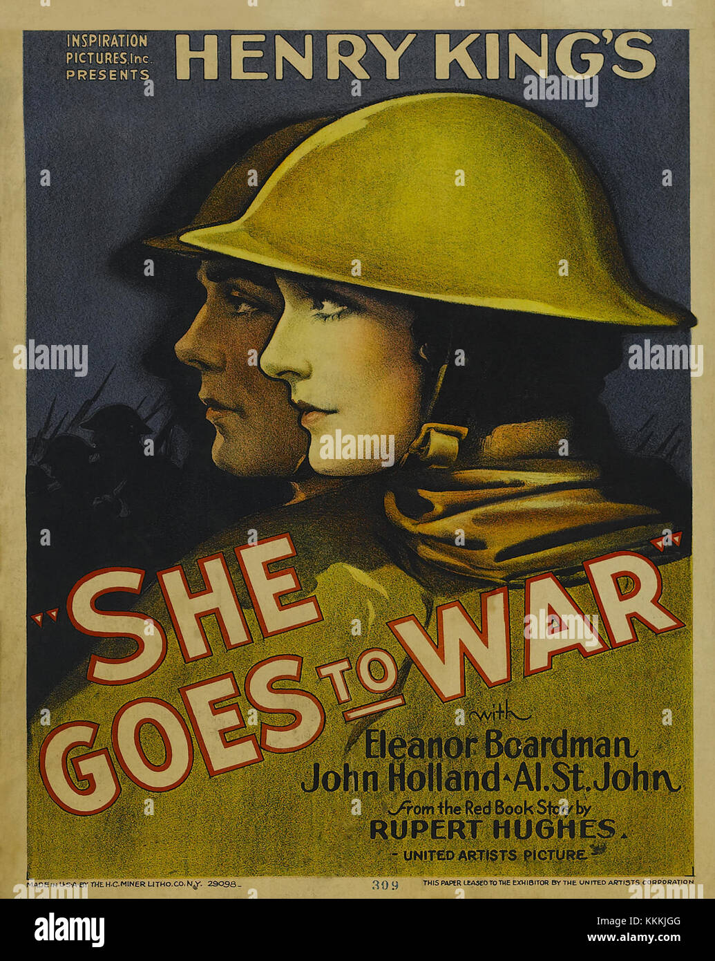 Das Poster für den 1943 erschienenen Film „She Goes to war“ ist ein Werbestück aus dem Kino aus der Zeit des Zweiten Weltkriegs, das die Unterstützung der Kriegsanstrengungen, insbesondere der Frauen, fördern soll, um ihre Rolle in der Heimatfront hervorzuheben. Stockfoto