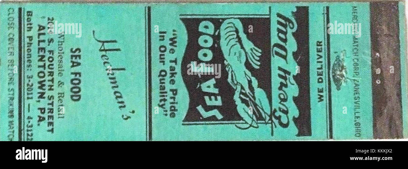 Dieses Streichholzbuch zeigt Heckman’s Seafood, ein bekanntes Fischrestaurant in Allentown, Pennsylvania, aus dem Jahr 1952. Es beleuchtet die lokale Geschichte und die Werbepraktiken der Mitte des 20. Jahrhunderts Amerika. Stockfoto