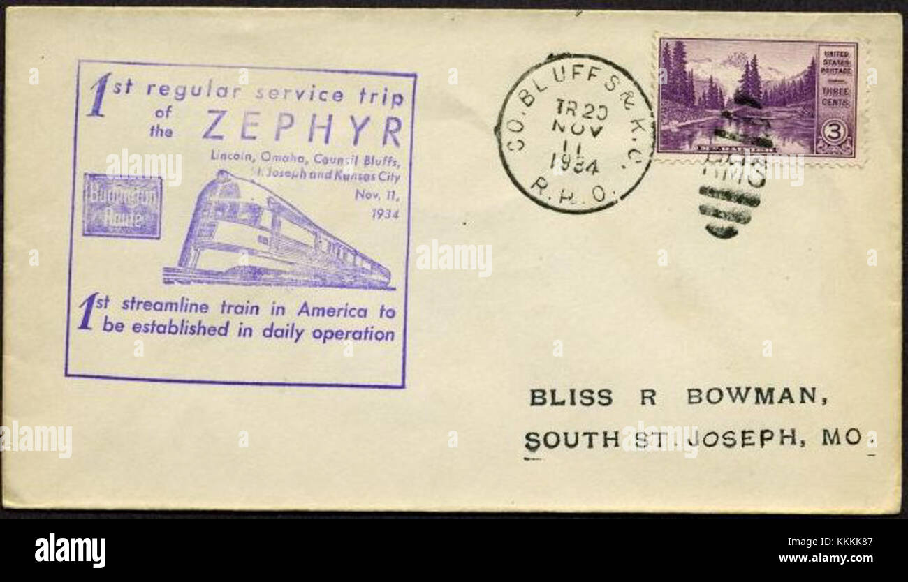 Der Pioneer Zephyr war ein revolutionärer dieselelektrischer Personenzug, der 1934 seine erste Fahrt machte. Er war der erste stromlinienförmige Personenzug in den USA und markierte einen bedeutenden Fortschritt im Schienenverkehr. Stockfoto