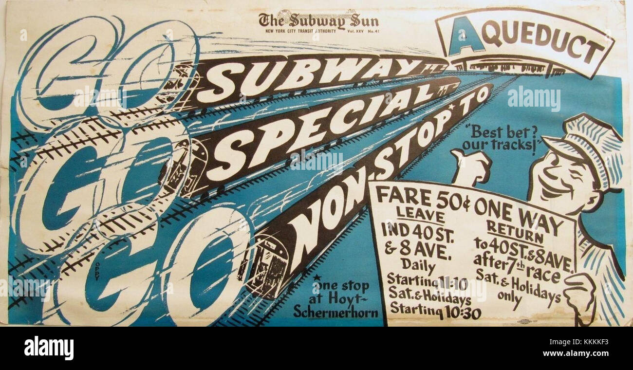 Ein Werbeplakat für die Aqueduct Racetrack in Queens, New York, zeigt die Spannung der Vollblut-Rennen und die Geschichte des Veranstaltungsorts. Stockfoto