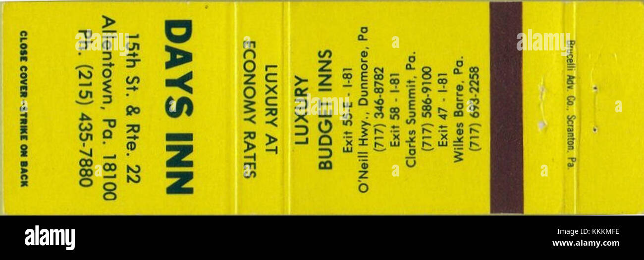 Dieser Matchcover von Days Inn aus dem Jahr 1970 zeigt das Branding und das Logo der Hotelkette in Allentown, Pennsylvania. Es repräsentiert ein Stück amerikanischer Konsumkultur und Werbung des 20. Jahrhunderts. Stockfoto