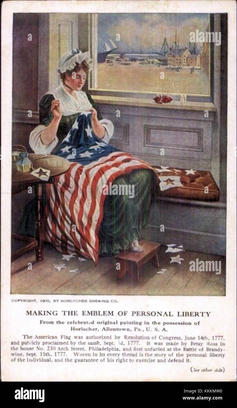 Eine Vintage-Werbung für die Horlacher Brewery in Allentown, Pennsylvania, mit Betsy Ross, die eine Verbindung zur amerikanischen Geschichte und Geschichte symbolisiert. Stockfoto