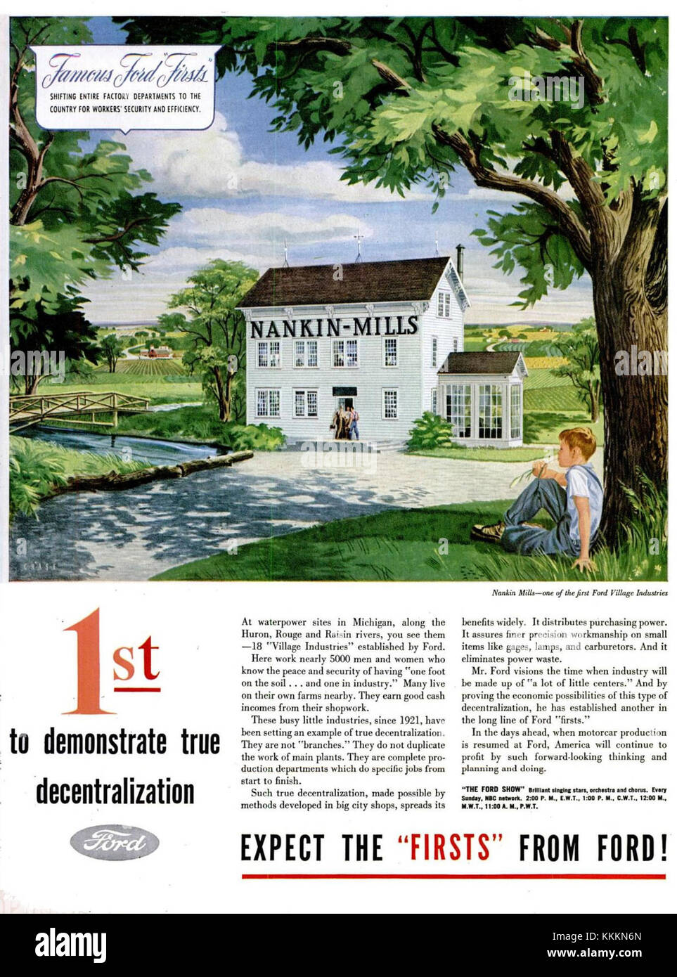 Die Nankin Mills Werbeanzeige für Ford zeigt eine Werbeanzeige für Ford Fahrzeuge in der Gegend von Nankin Mills. Der Werbespot reflektiert die Marketingstrategien für die Automobilindustrie des frühen 20. Jahrhunderts. Stockfoto