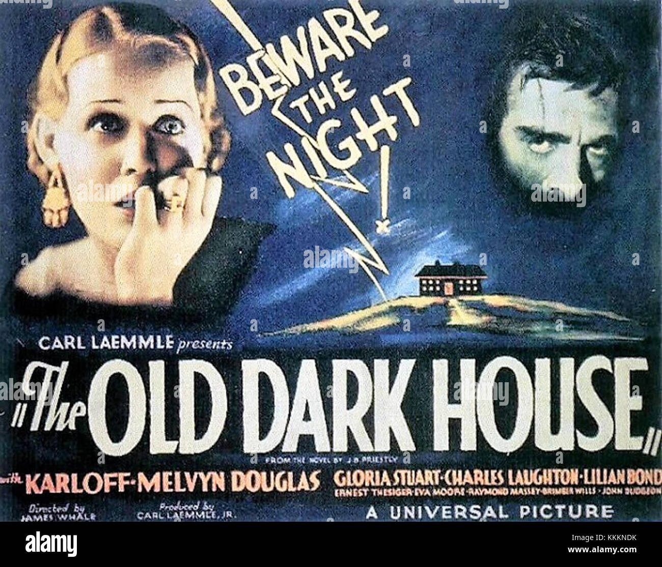 The Old Dark House ist ein Film von James Whale aus dem Jahr 1932, der für seinen Beitrag zum Horrorgenre bekannt ist. Das Poster zeigt den unheimlichen, atmosphärischen Stil des Films und betont dessen Geheimnis und Spannung. Stockfoto