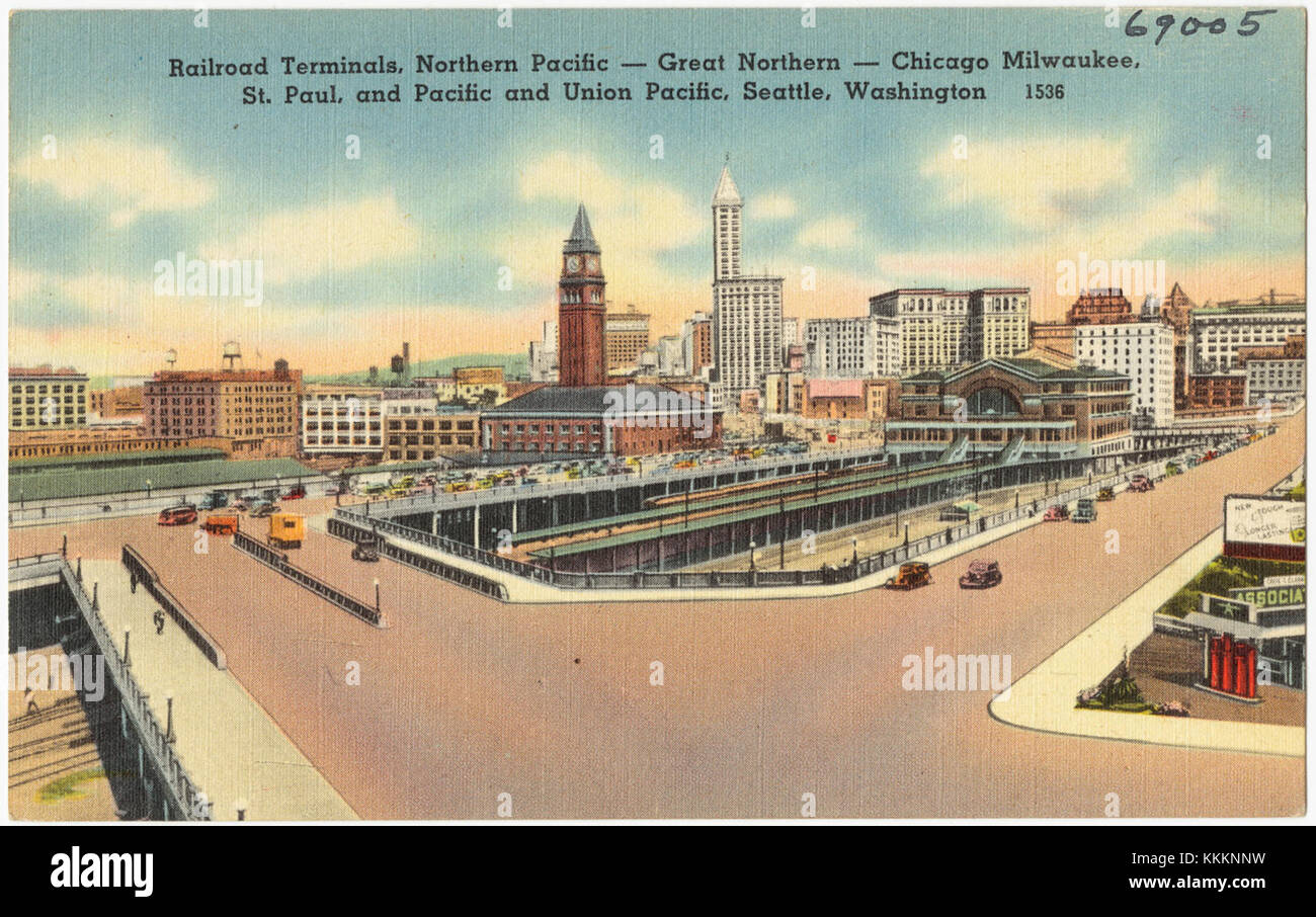 Dieses Bild zeigt die historischen Eisenbahnterminals in Seattle, Washington, die mit großen Eisenbahnunternehmen wie dem Northern Pacific, Great Northern und Union Pacific verbunden sind, die für die Verkehrsgeschichte der regionâ verantwortlich sind. Stockfoto