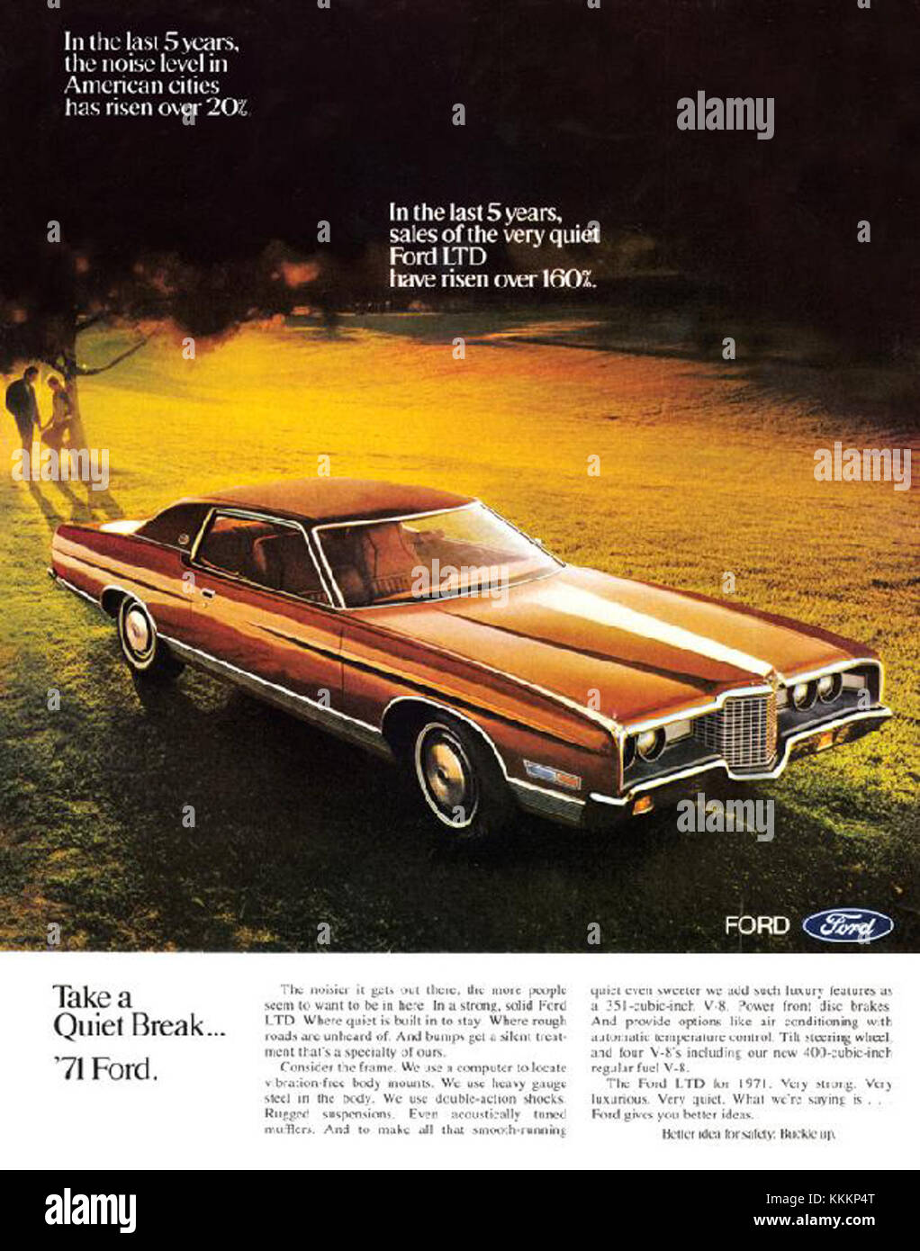 Eine Werbung für Ford Ltd. 1971, die die Automobildesigns und Marketingstrategien dieses Jahres vorstellt. Stockfoto