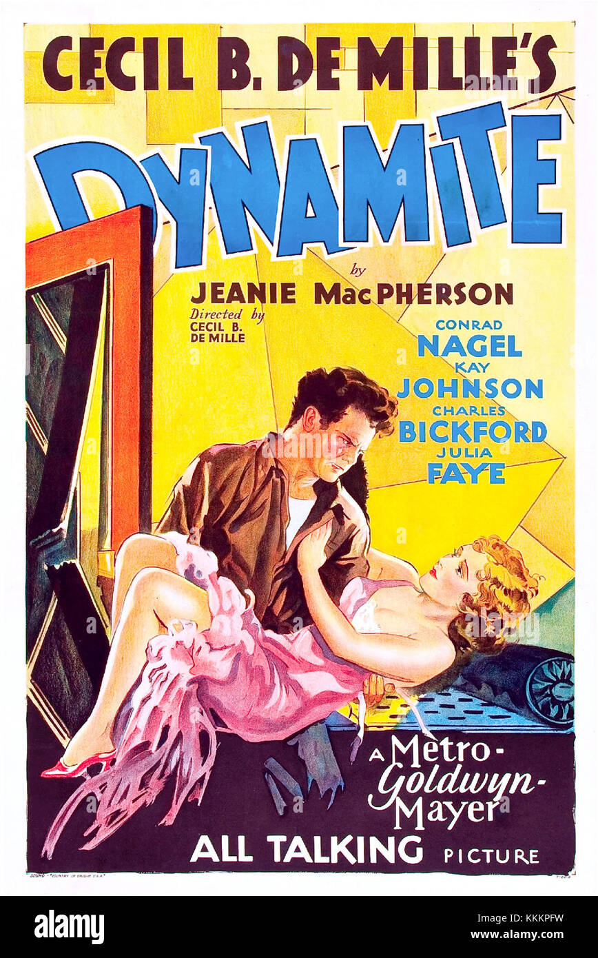 Das Plakat für „Dynamite“ aus dem Jahr 1929 ist ein Vintage-Werbespot für einen Film aus der späten Stummfilmzeit, der Art-Deco-Stil und Kino aus dem frühen 20. Jahrhundert zeigt. Stockfoto