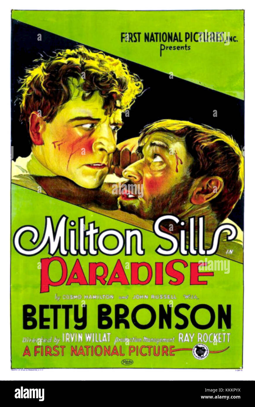 Ein Vintage-Poster für einen Film oder eine Veranstaltung mit dem Titel „Paradies“. Das Poster zeigt die Kunstwerke und das Design, die für die Werbung für den Film oder die Veranstaltung verwendet wurden, und spiegelt den Stil und die Werbetechniken der damaligen Zeit wider. Stockfoto