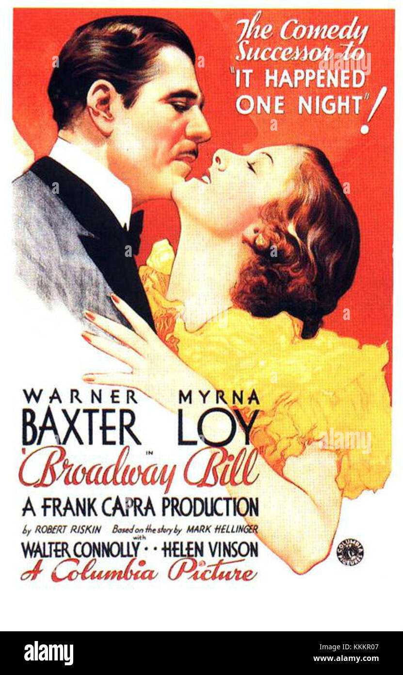 Ein Vintage-Poster aus dem Film „Broadway Bill“ aus dem Jahr 1934, einer Komödie von Frank Capra. Der Film zeigt eine Pferderennbahn und wurde von Columbia Pictures veröffentlicht. Stockfoto