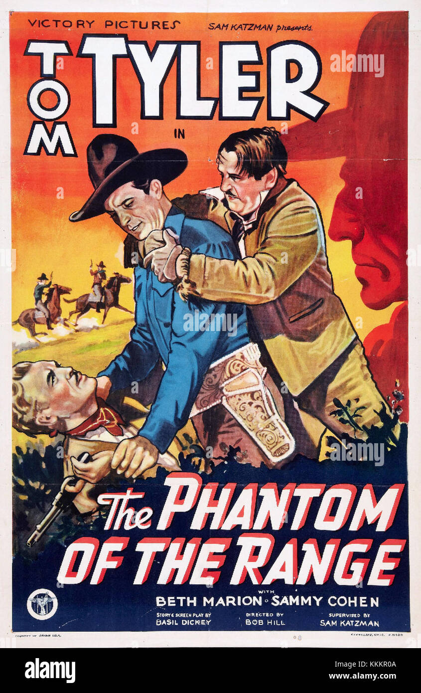 Dies ist ein Poster für den Film „das Phantom der Range“, ein westlicher Film. Das Poster zeigt den Titel und die Werbekunst für den Film. Stockfoto