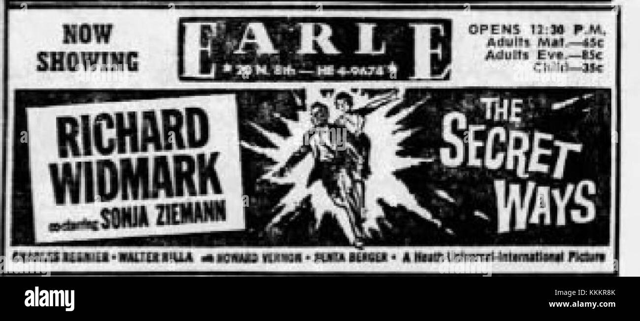 Dieses Bild zeigt die letzte Werbung für das Earl Theater in Allentown, PA, die am 24. April 1961 veröffentlicht wurde. Es markiert die Schließung eines bedeutenden Kulturzentrums in der Region. Stockfoto