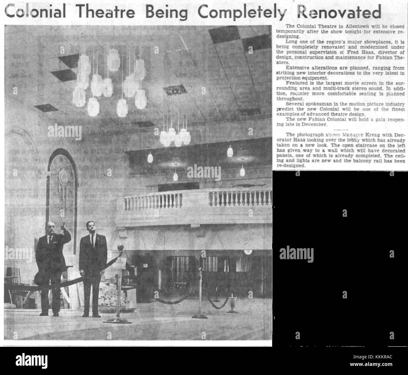 1962 - Colonial Theatre Schließung - 25 Nov MC - Allentown PA Stockfoto