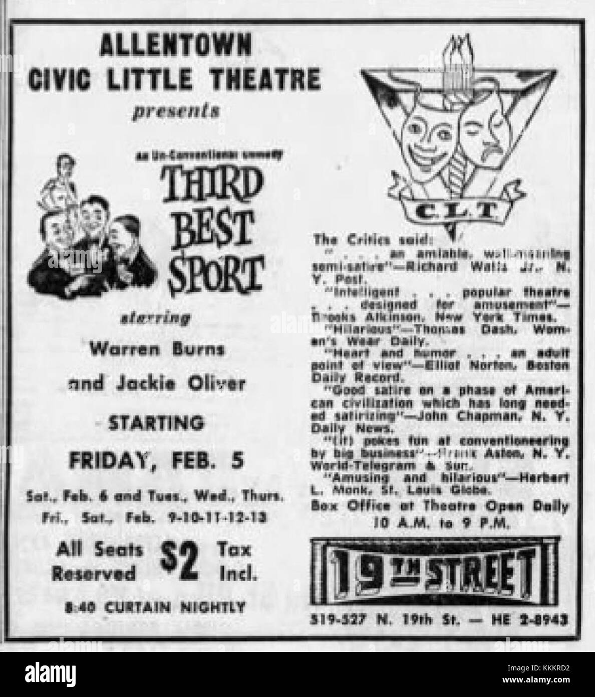 Eine Anzeige des 19. Street Theaters in Allentown, PA, vom 3. Februar 1960. Dieser Vintage-Werbespot zeigt die bevorstehenden Shows des Theaters und spiegelt die amerikanische Unterhaltungskultur der Mitte des 20. Jahrhunderts wider. Stockfoto