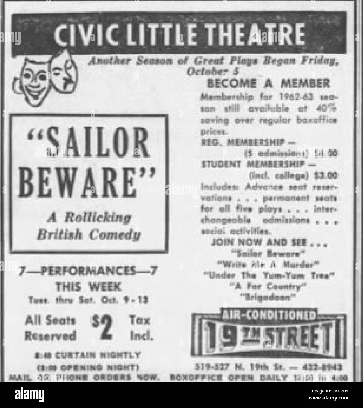 Eine Werbung für das neunzehnte Street Theater in Allentown, Pennsylvania, vom 9. Oktober 1962. Die Anzeige zeigt Filme oder Veranstaltungen, die während dieses Zeitraums im Theater gezeigt wurden. Stockfoto