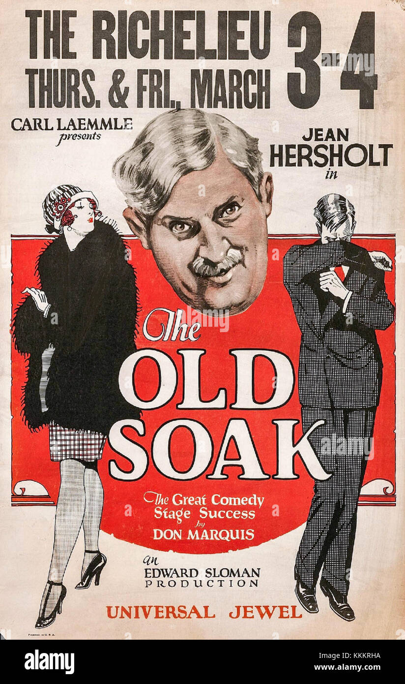 Das Old Soak Window Poster ist ein historisches Werbematerial mit Bildern und Text, die auf eine altmodische Figur, die als „The Old Soak“ bekannt ist, bezogen sind. Dieses Poster ist wahrscheinlich ein Vintage-Beispiel amerikanischer Werbung aus dem 20. Jahrhundert. Stockfoto