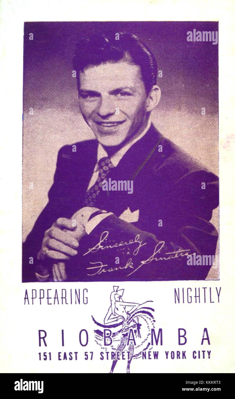 Eine Vintage-Postkarte aus dem Jahr 1943, auf der Frank Sinatra in Riobamba auftritt, die wahrscheinlich die musikalische Landschaft der eraâ widerspiegelt. Sinatra war in dieser Zeit eine prominente Persönlichkeit in der amerikanischen Musikszene. Stockfoto