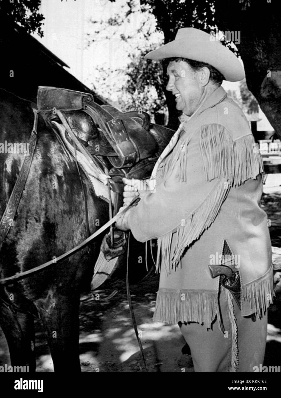 Andy Devine, bekannt für seine Rolle als Wild Bill Hickok, spielte in der Fernsehserie *Wild Bill Hickok* der 1950er Jahre. Die Serie war bekannt für ihre Darstellung des amerikanischen Alten Westens und seiner ikonischen Charaktere. Stockfoto