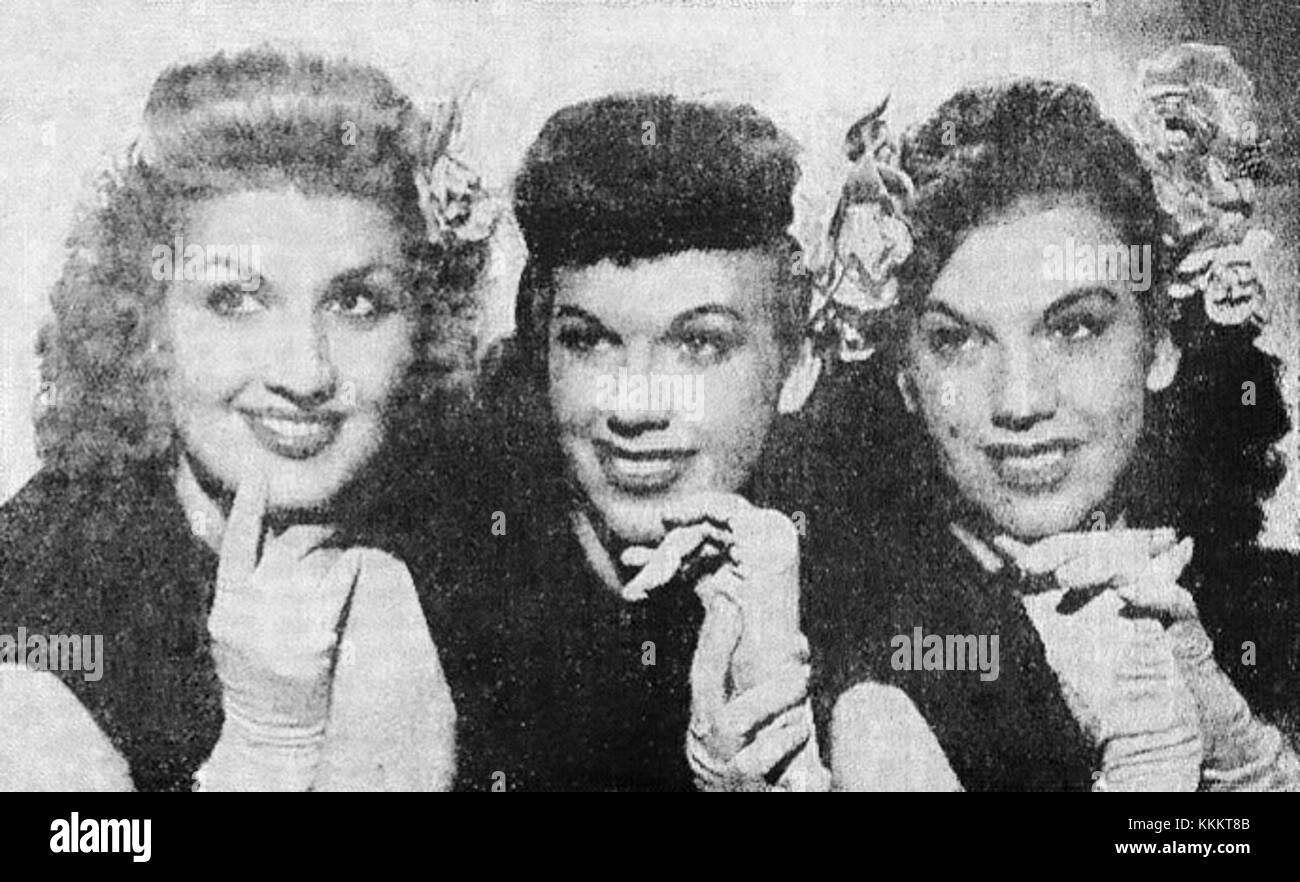 Das Dinning Sisters Billboard ist eine visuelle Darstellung der Werbeausstellung der Musikgruppe, die wahrscheinlich die US-amerikanische Popmusik-Szene der 1940er-Jahre widerspiegelt. Stockfoto