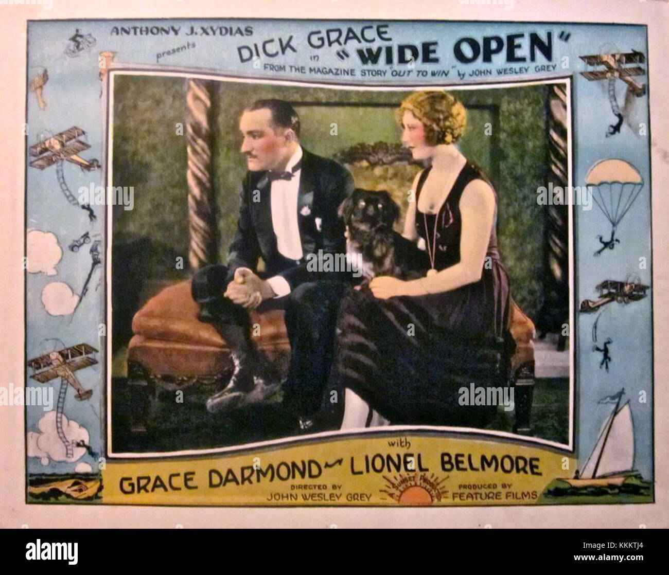 Eine Lobbykarte aus dem Stummfilm „Wide Open“ aus dem Jahr 1927, einem Comedy-Film mit frühen Hollywood-Stars und dem klassischen Humor des Genres. Stockfoto