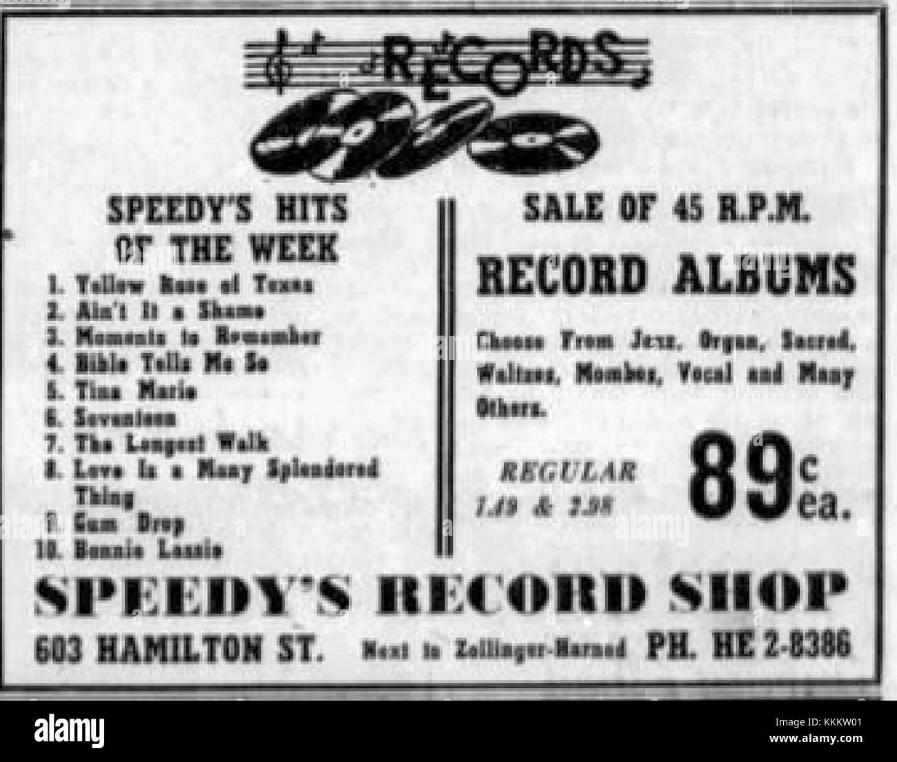 Dieser Werbespot für Speedy's Record Shop in Allentown, Pennsylvania, aus dem Jahr 1955 hebt die Rolle des Shops in der lokalen Musikkultur Mitte des 20. Jahrhunderts hervor und bietet Schallplatten für eine wachsende Kundenbasis. Stockfoto