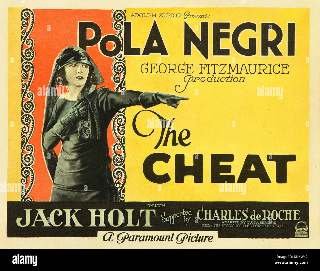 Die 'Cheat' Lobby Card ist ein Werbebild aus dem Film 'The Cheat' aus dem Jahr 1915, Regie führte Cecil B. DeMille. Die Karte zeigt Szenen aus dem Stummfilm, die die dramatische Geschichte und den frühen Hollywood-Stil zeigen. Stockfoto