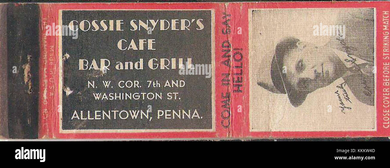1950 - Cossie Snyders Corner - Matchcover - Allentown PA Stockfoto