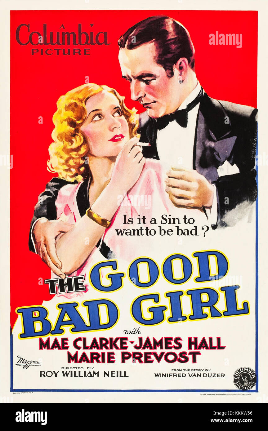 Das Poster „Good Bad Girl“ ist ein Vintage-Filmplakat mit Werbekunstwerken für einen Film, der die Dualität einer zentralen Figur einfängt und eine Mischung aus Unschuld und Rebellion darstellt. Stockfoto