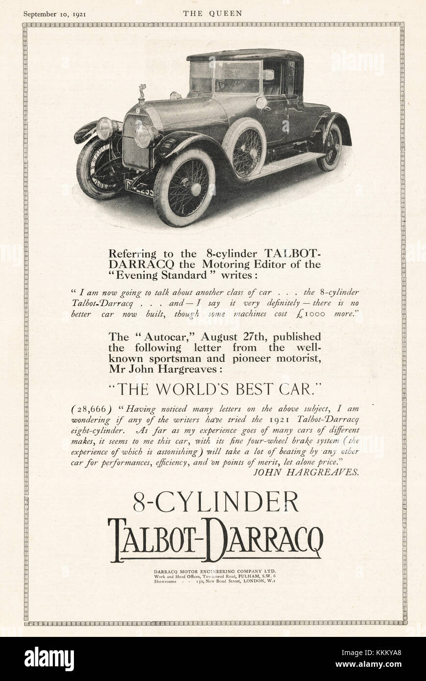 1921 UK Magazin Talbot-Darracq Auto Anzeige Stockfoto