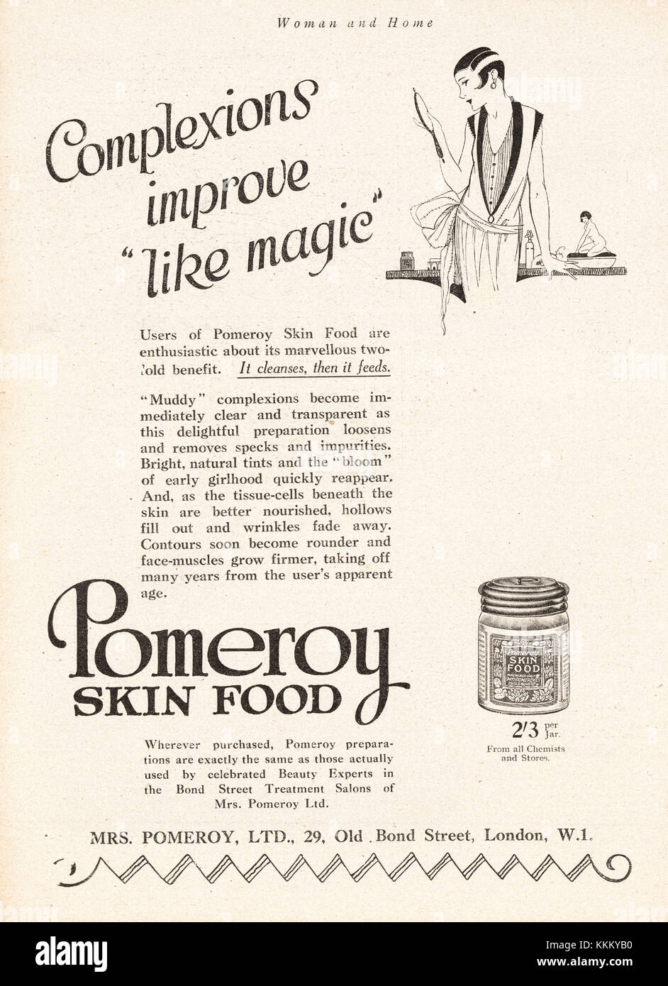 1927 UK Magazin Pomeroy Skinfood Advert Stockfoto