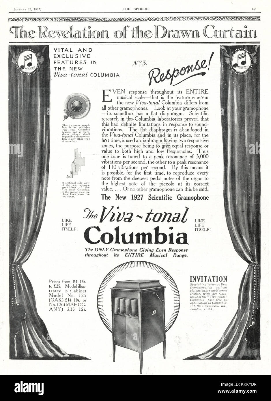 1927 UK Magazin Columbia Grafonola Advert Stockfoto