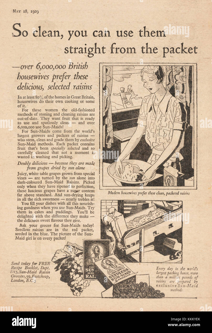 1929 UK Magazin Sun-Maid Rosinen Advert Stockfoto