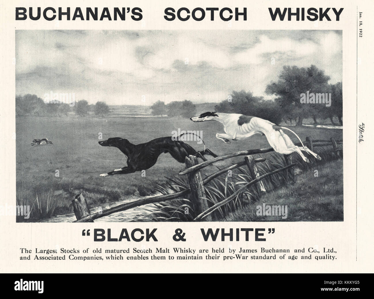 UK's Magazine Buchanan 1922 'Black & White' Whisky Anzeige Stockfoto